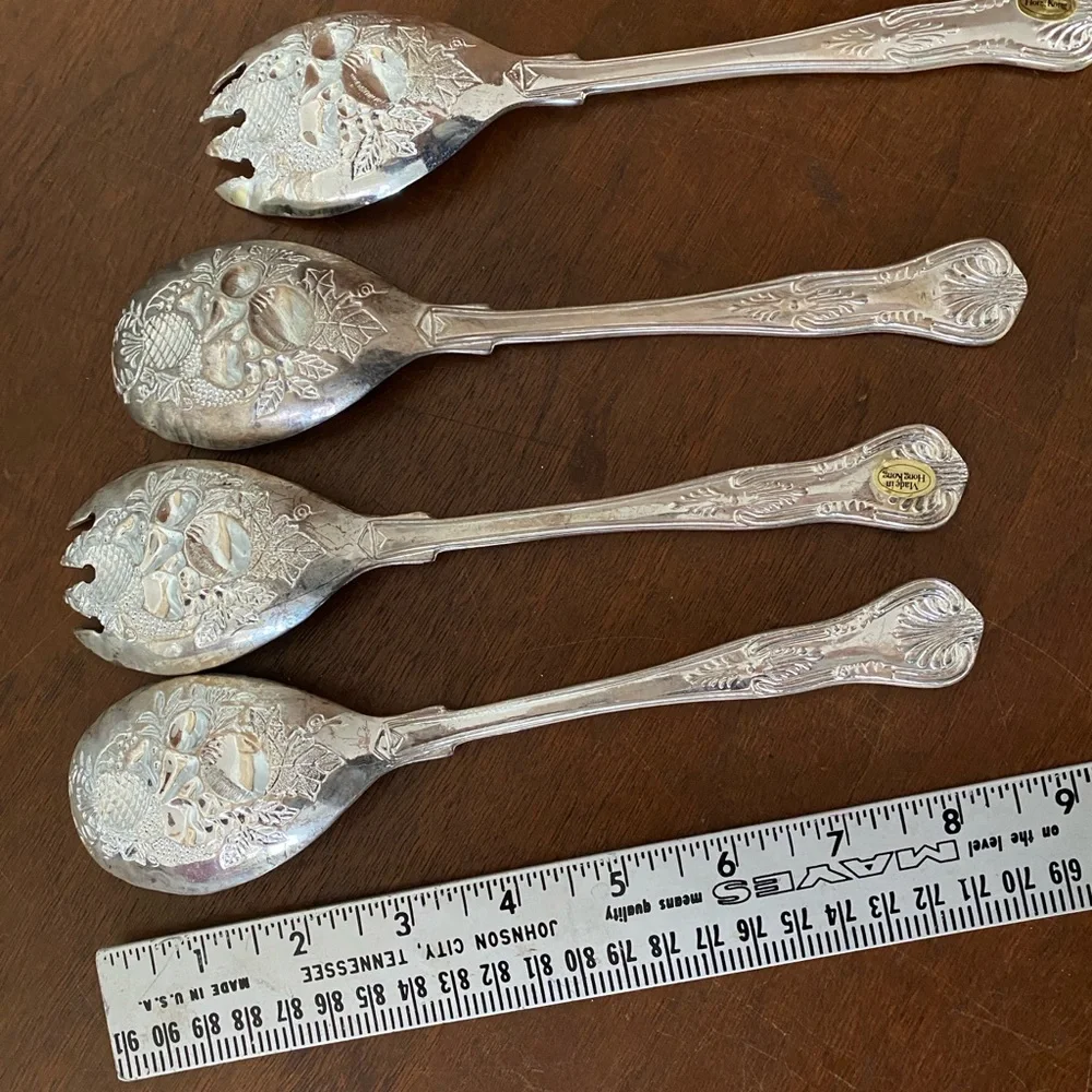 Vintage Salad Set pair of silverplated spoon & tongs server sets w/ fruit design